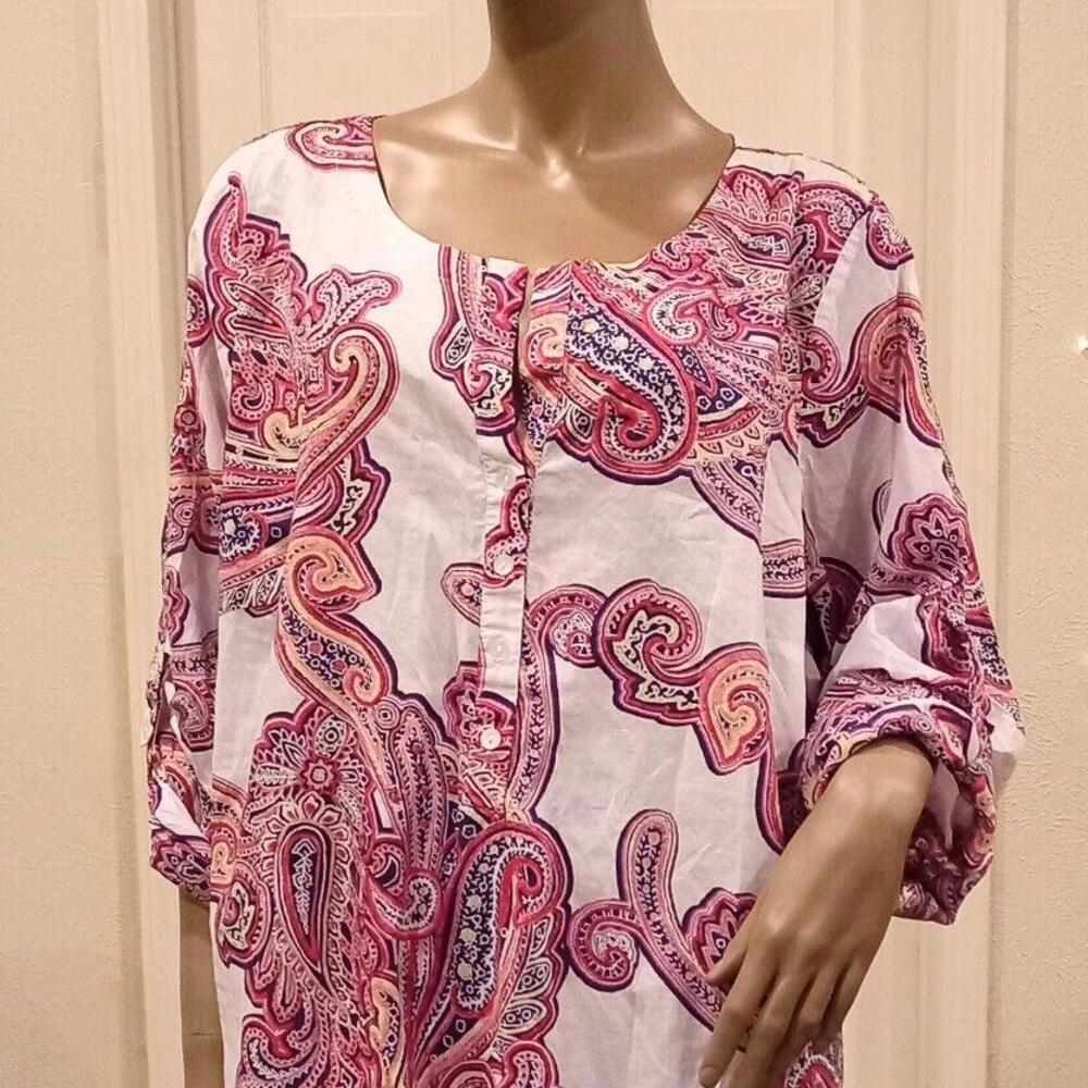Liz Claiborne BOHO Cotton Tunic Shirt Lightweight Roll Tab Sleeves Top 3X